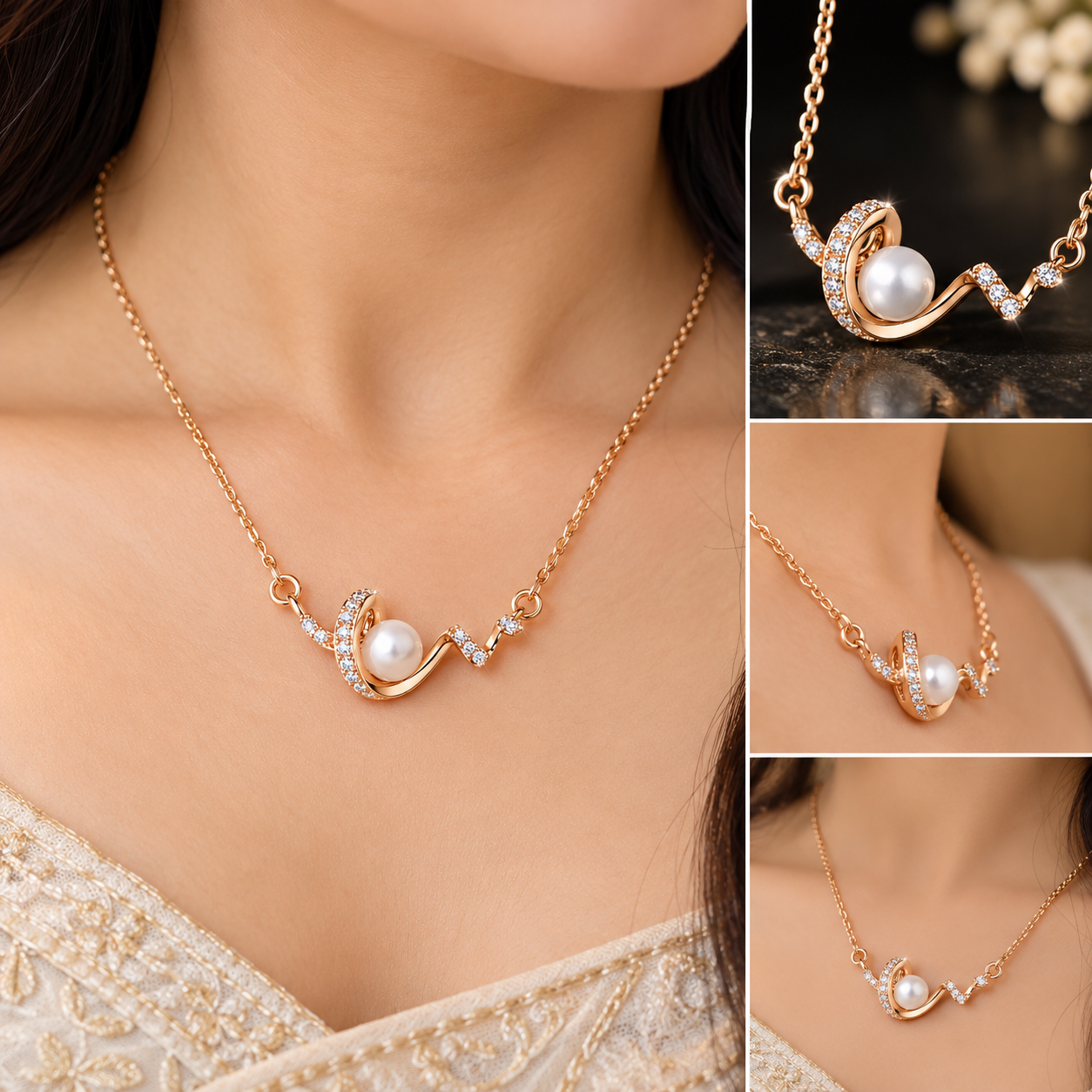 Rose Gold Pearl Wave Pendant Necklace