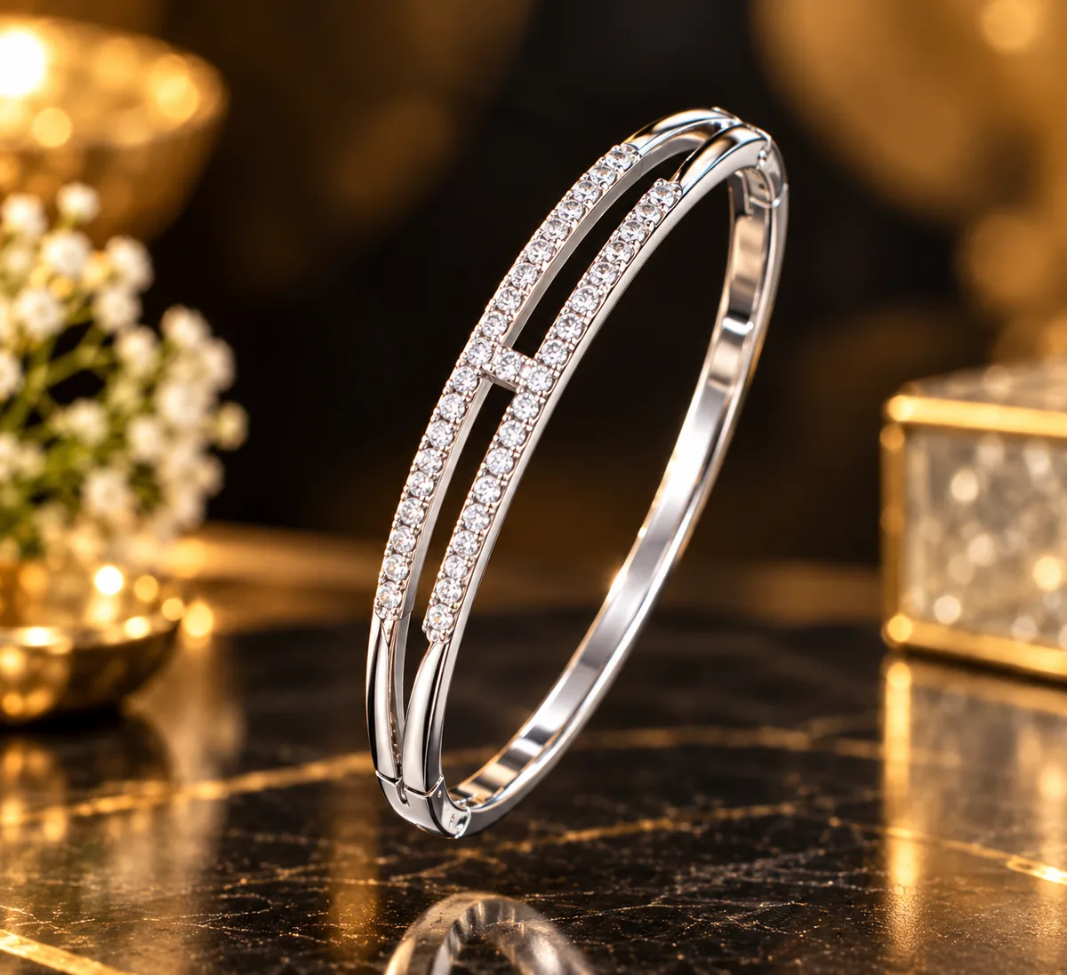 Silver Sparkle Double-Line Crystal Bangle