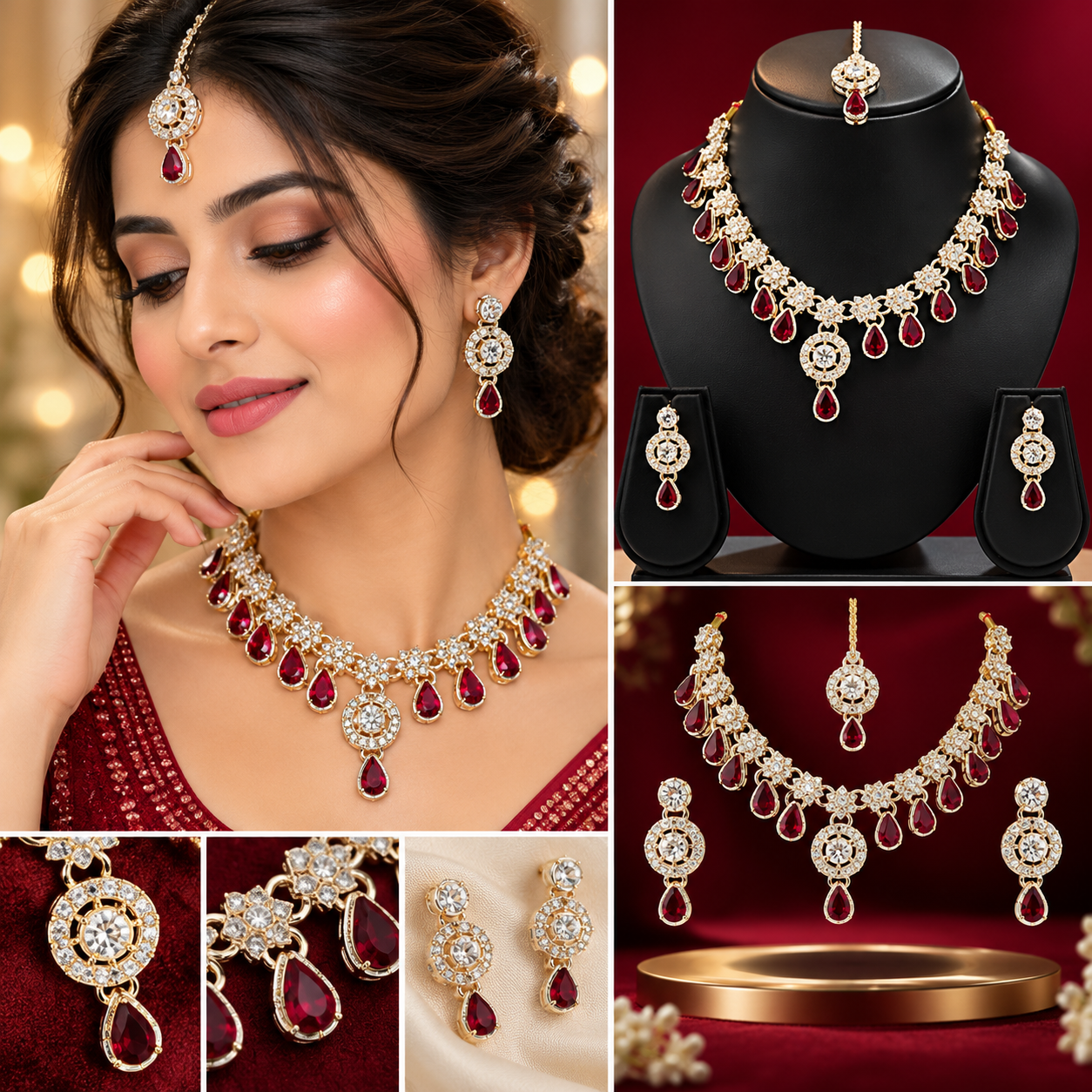 Ruby Red Gold-Tone Necklace Set with Earrings & Maang Tikka