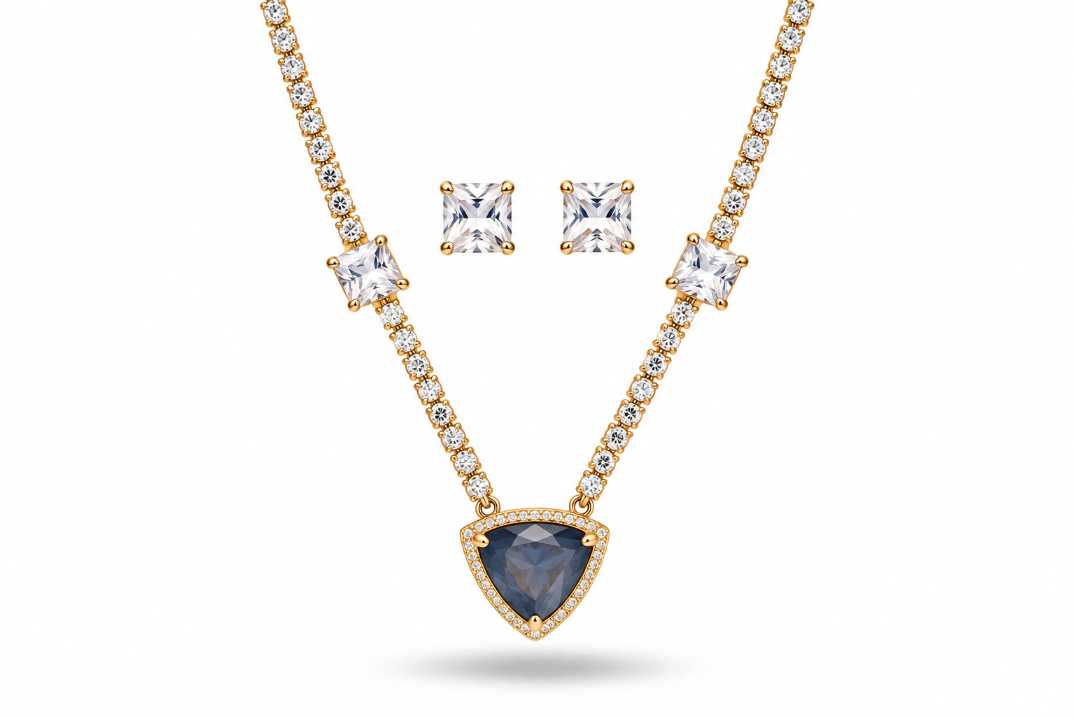 Trillion Sapphire-Blue Halo Necklace & Stud Earrings Set