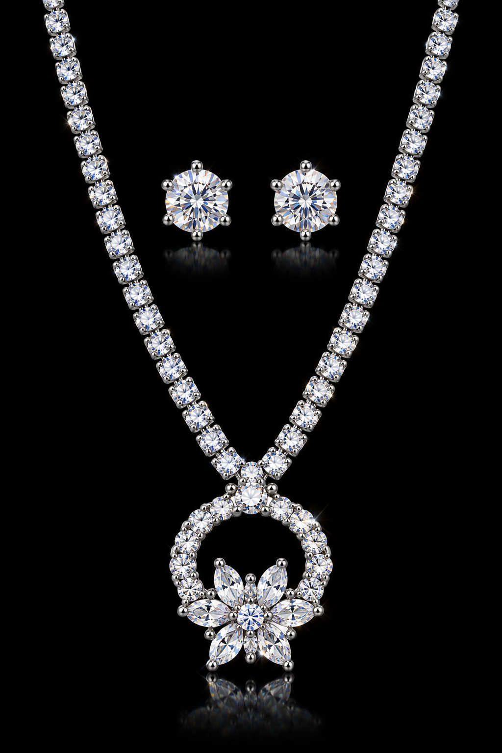 Silver-Tone Crystal Necklace Set with Earrings | Jwellary