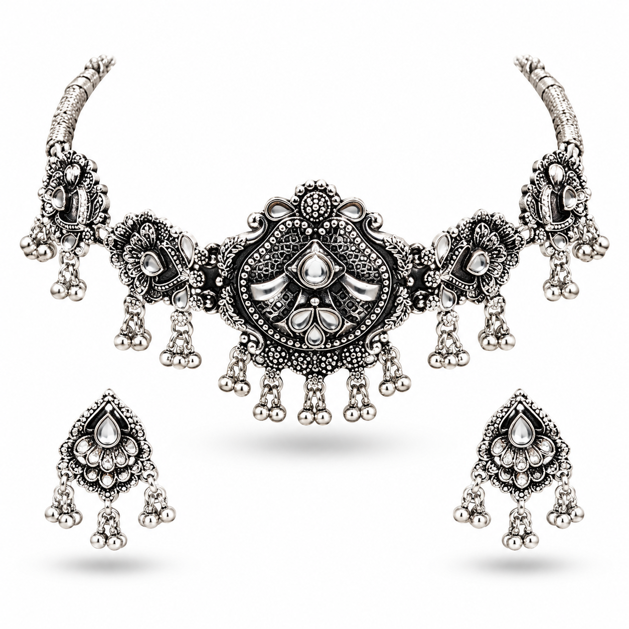 Traditional Oxidised Silver Floral Necklace Set with Matching Earrings